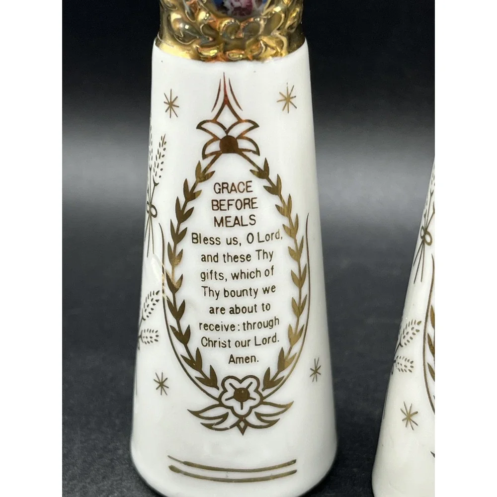 Vtg Blessing Grace Prayer White Gold Ceramic Salt‎ & Pepper Shakers 4